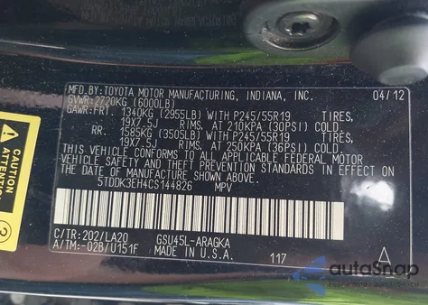 2012 Toyota Highlander Limited z USA, uszkodzony, nr VIN 5TDDK3EH4CS144826